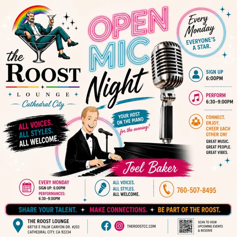 An animated image of Joel Baker alongside the title "Open Mic Night with your host Joel Baker on piano". Text reading "Every Monday", "Sign up at 6:00", "Singing 6:30-9:00".